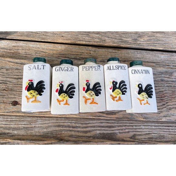 Vintage Spice Rack With Spice Jars Rooster Chicken Farmhouse - Picture 3 of 16